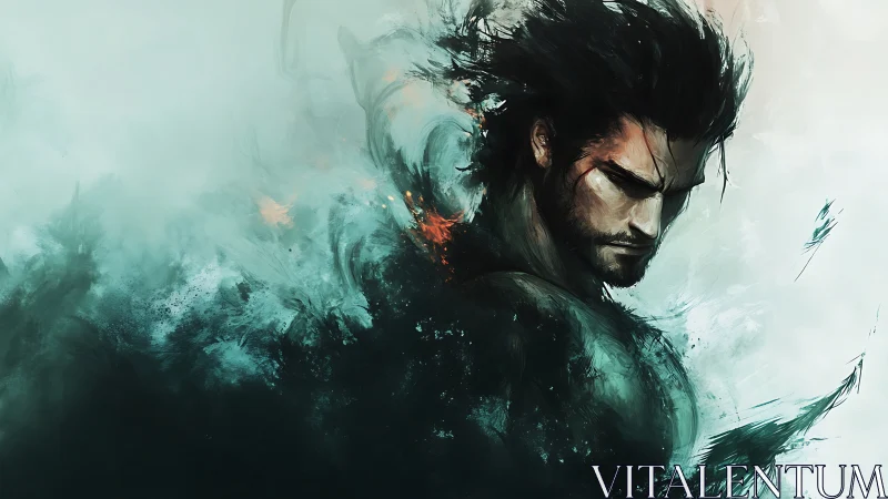 Digital portrait of lone warrior in abstract teal haze.