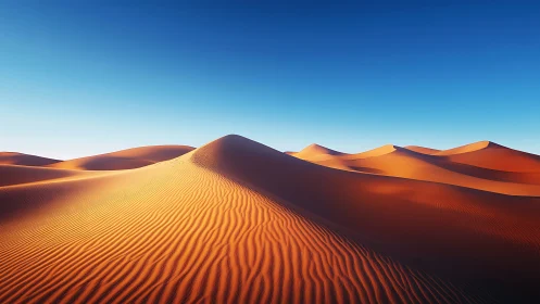 Sunlit desert dunes curve under a deep blue sky.