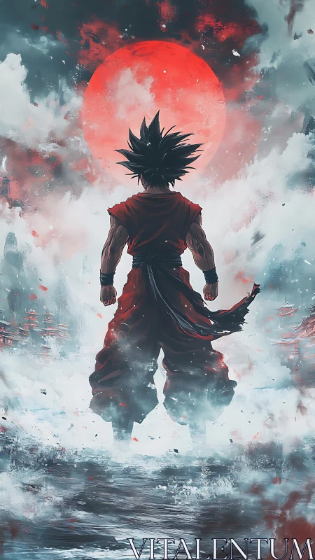 Backlit warrior silhouette confronts red lunar disc over turbulent sea