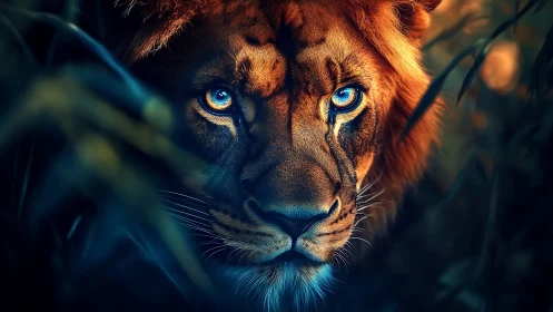 Digital painting of blue-eyed lion with cinematic contrast.