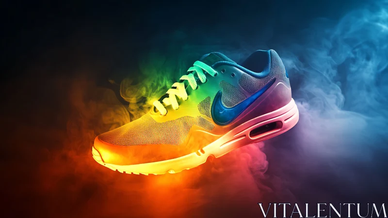 Photorealistic sneaker product render in neon vapor gradient light.