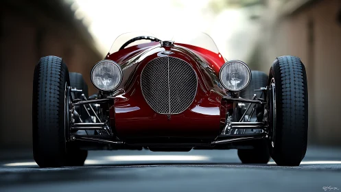 Photorealistic frontal study of classic red race roadster design.