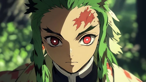 Leaf-marked warrior with glowing red eyes in forest light.