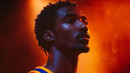 Portrait of focused athlete under vibrant orange backlight