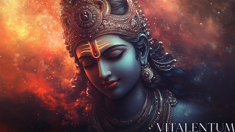 Divine blue deity portrait amid glowing cosmic embers.
