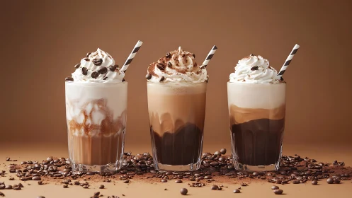 Iced coffee trio stands aligned under warm studio lighting