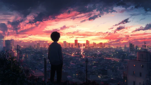 Silhouette figure overlooking illuminated city at dusk.