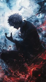 Elemental warrior kneels amid raging ice and crimson fire.