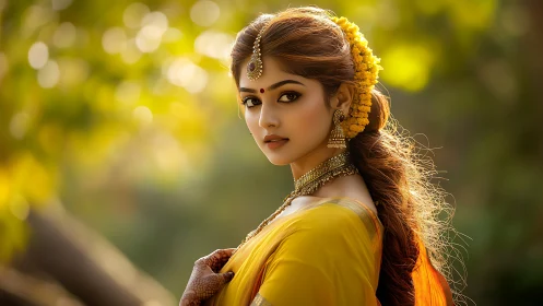 Woman in yellow saree looks back with soft outdoor lighting
