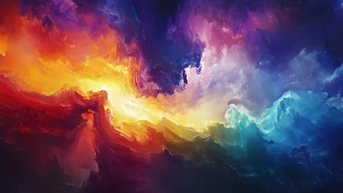 Digital painting of luminous cosmic storm in chromatic waves.