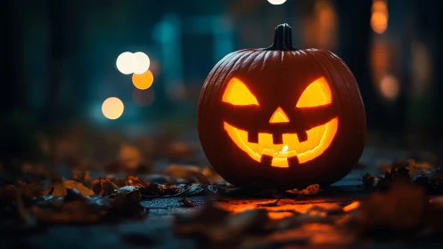 Grinning jack o lantern glows on wet leaf strewn path.