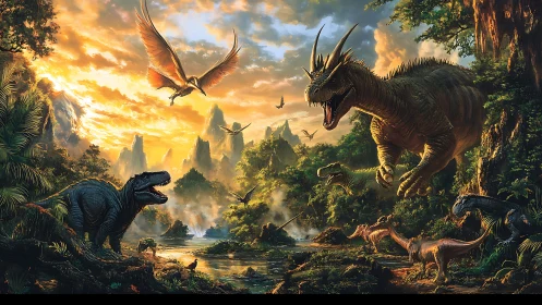 Predatory dinosaurs clash in sunlit primeval jungle valley