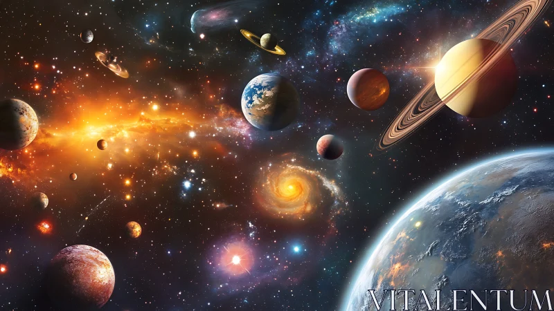 Multiple stylized planets are distributed across a dense starfield