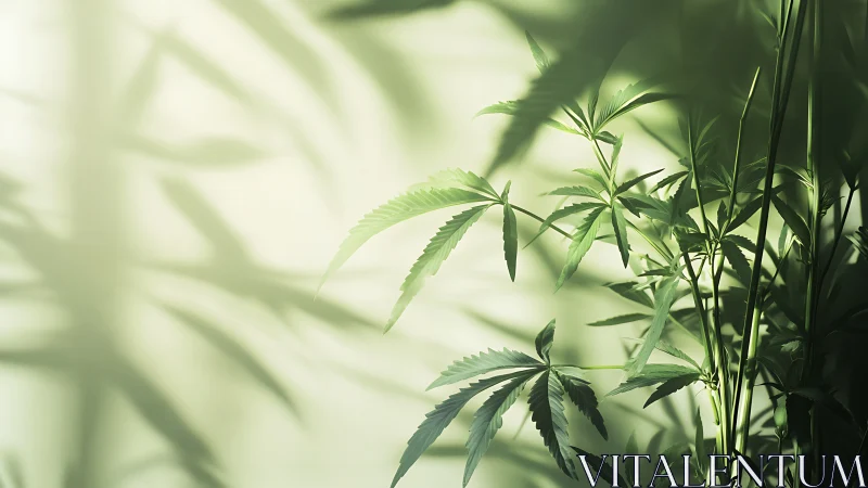 Cannabis leaves stretch into soft green filtered light.