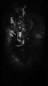 Dark horned spirit emerges with glowing eyes from shadow