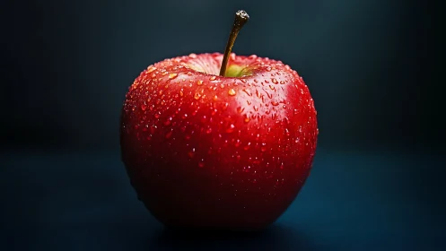 Red apple glistens with dewdrops against deep blue background.