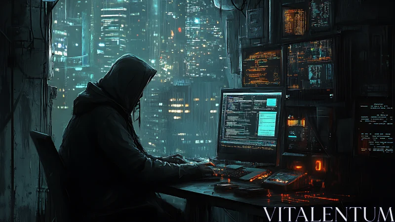 Hooded coder in neon cyberpunk lab overlooking cityscape.