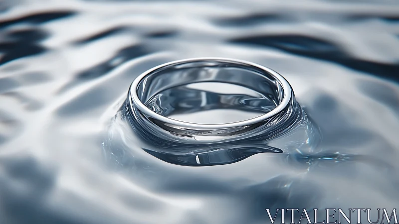 Silver ring resting on rippling reflective water surface.