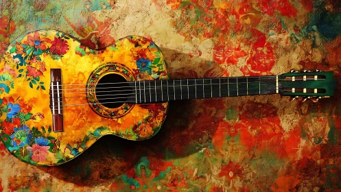 Floral acoustic guitar on textured abstract background.