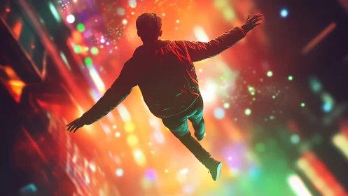 Bold dreamer soars through glowing city lights at night