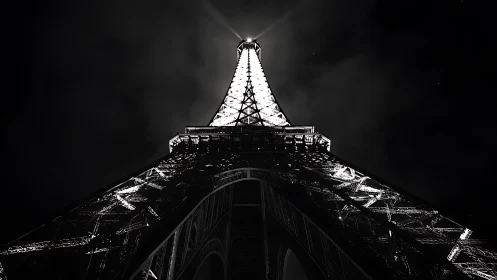 Illuminated Eiffel Tower structure viewed from below at night.