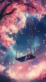 Dreamy cherry blossom swing drifting in a pastel sky.