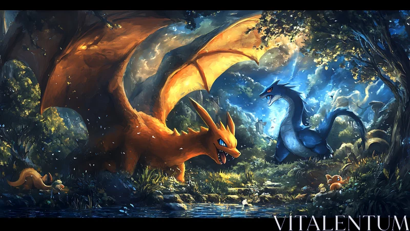 Fiery and azure dragons clash over reflective forest stream