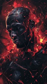 Molten ember portrait of stoic man in fragmented reds.