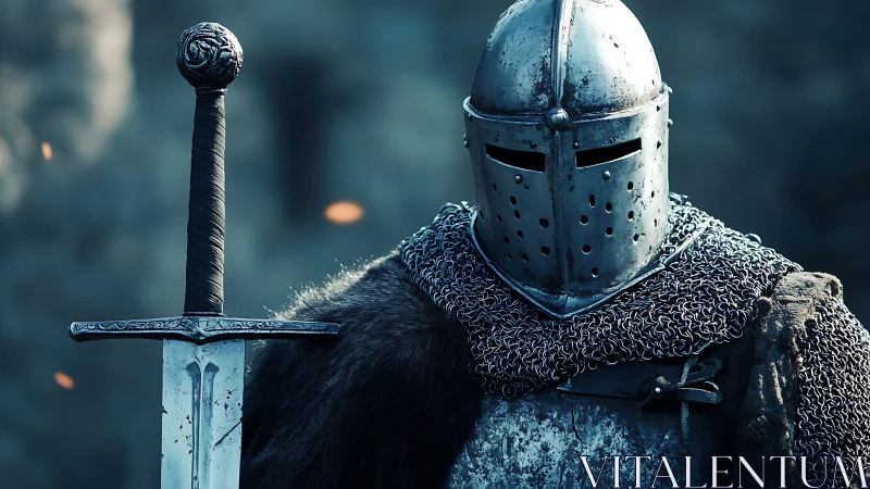 Medieval armored knight with sword in muted blue setting.