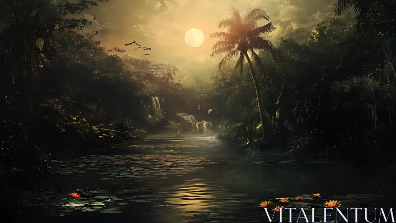 Moonlit jungle river reflects glowing sky and lilies