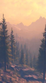 Sunlit conifer forest descending toward hazy mountain ridges.