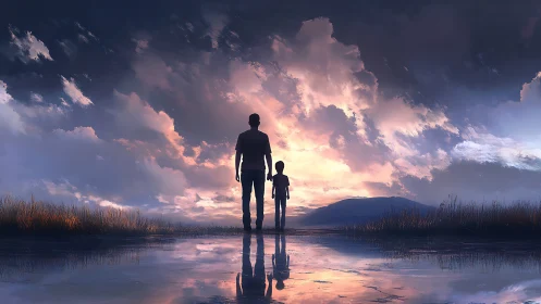 Silhouetted figures stand on reflective shore at sunset.