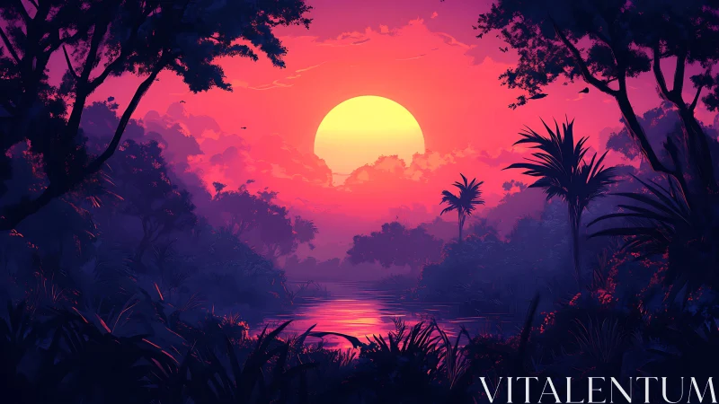 Neon jungle sunset glows above tranquil reflective river.