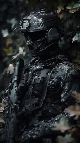 Stealth operator in digital woodland camo with headset rifle