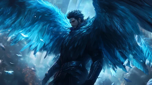 Storm-feathered guardian rises with blazing sapphire wings.