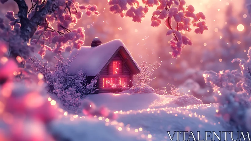 Snowlit cabin under rosy twilight with glowing bokeh snowfall.