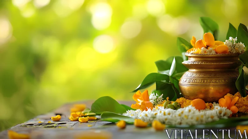Engraved brass kalash with marigold garlands on rustic altar.