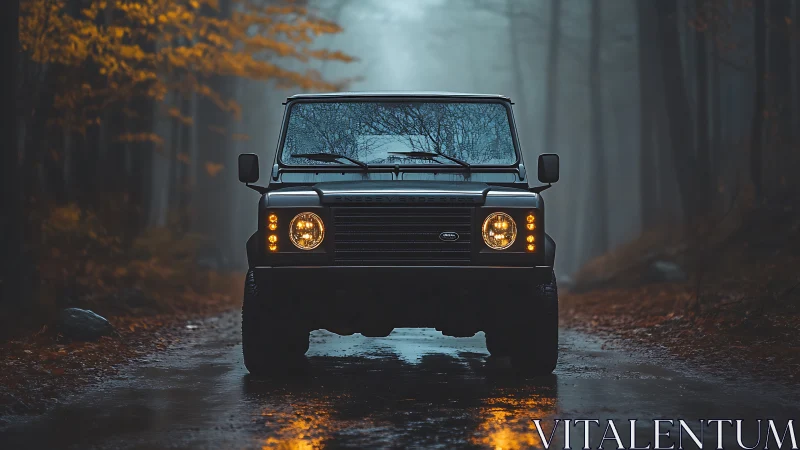 Off-road SUV facing camera on wet forest road at dusk.