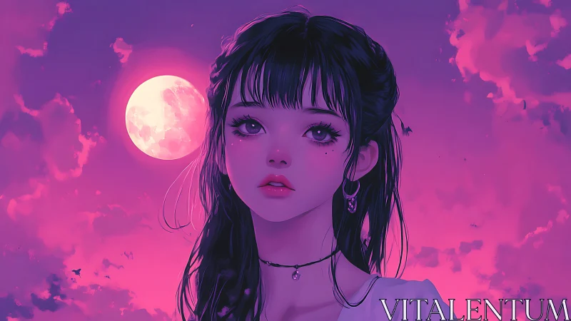 Digital portrait of girl under pink full moon sky.