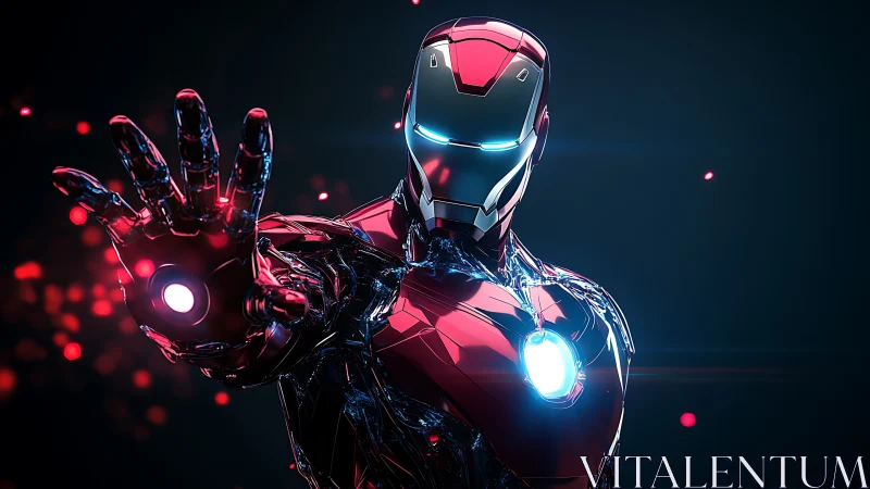 High-gloss armored exosuit with emissive HUD visor in combat-ready pose