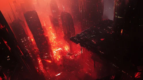 Burning cyberpunk megacity plunges into neon red chaos