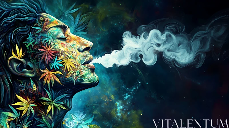 Psychedelic botanical portrait exhaling turbulent vapor plume.