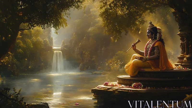 Seated figure by river observes distant waterfall in forest