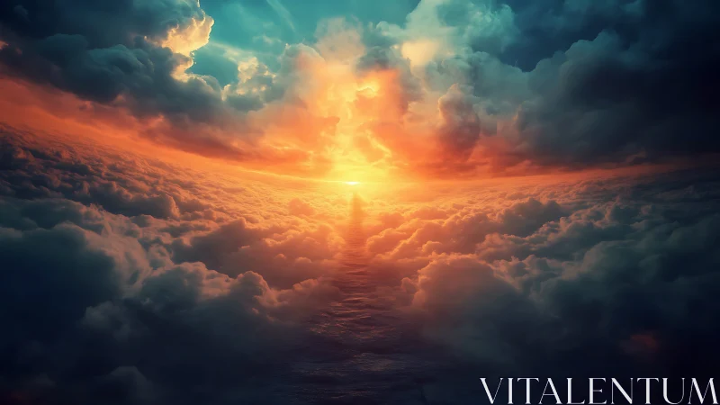 Sunset horizon bursting through sculpted storm clouds.