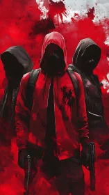 Red-hooded enforcers stride through a storm of violent crimson.