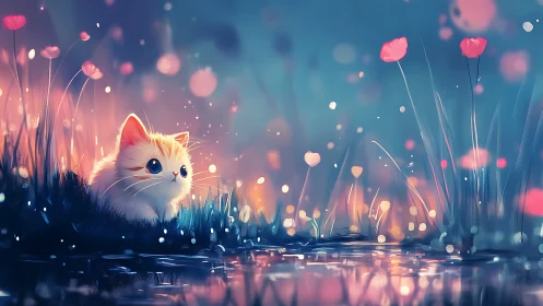 Luminescent Feline in Enchanted Flora Field: Digital Fantasy Illustration.