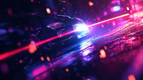 Low-angle neon-lit car on wet street in stylized night scene