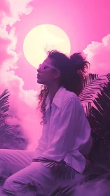 Dreamy neon sunset wraps a calm woman in soft pink light