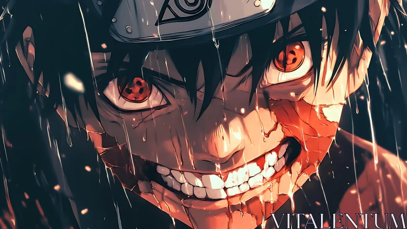 Intense anime portrait with fractured face and rain effects.