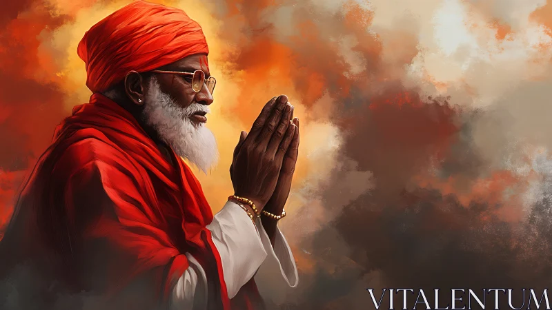 Elderly spiritual figure in red robes praying, warm clouded sky